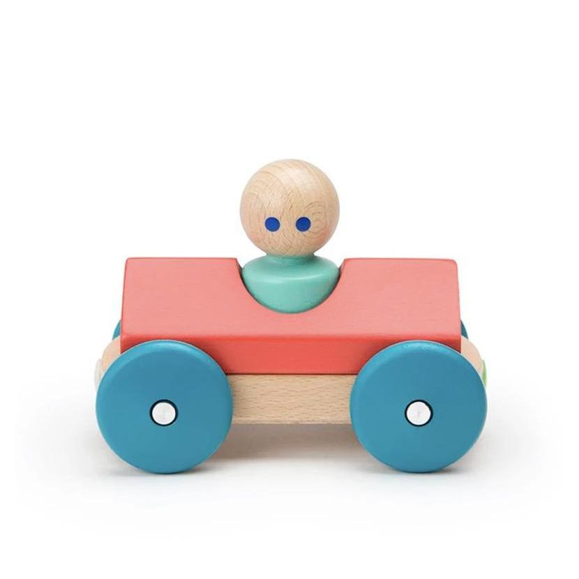 Teal and poppy red Tegu magnetic wooden push car side view