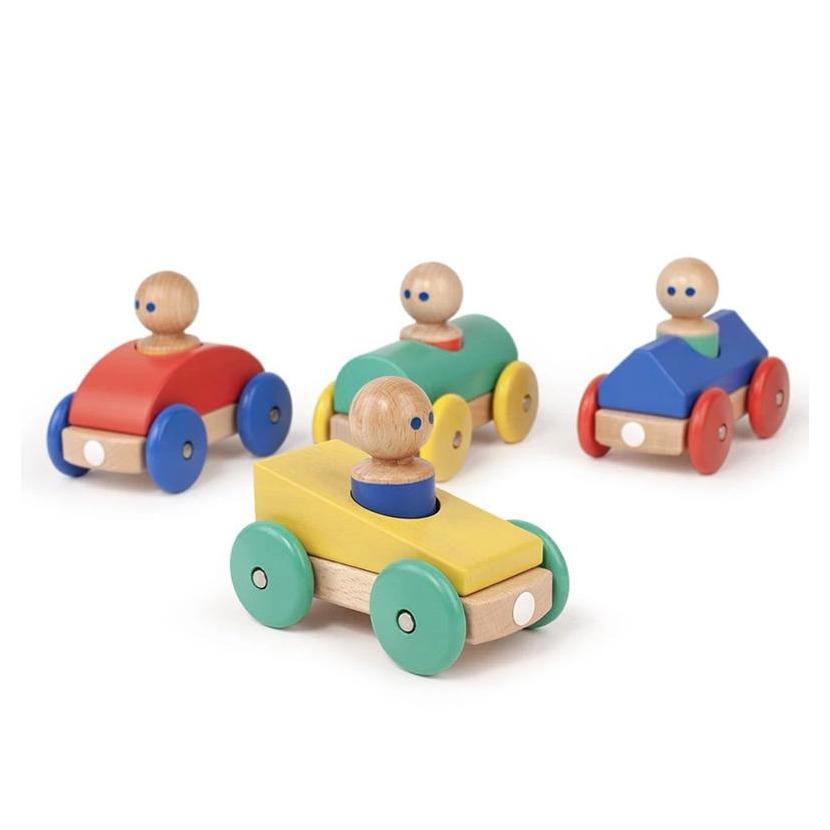 Four Tegu Magnetic Cars for Fun Toddler and Preschool Play on white background