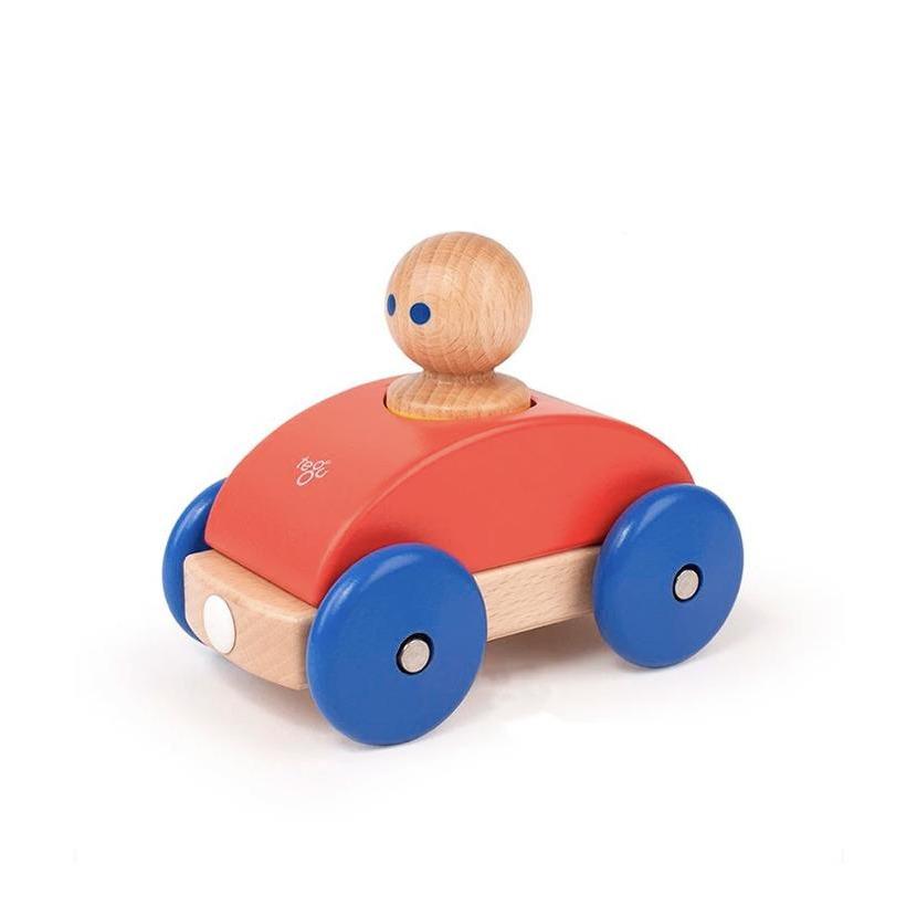 Red and blue magnetic toddler push car in a side angle view