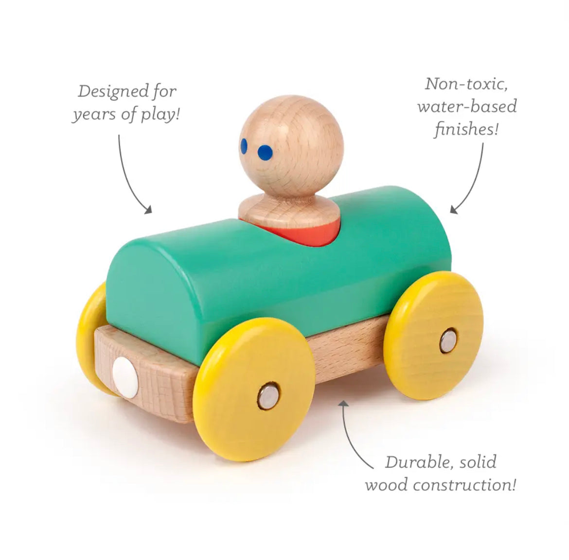 Toddler teal and yellow wooden car with labels about construction