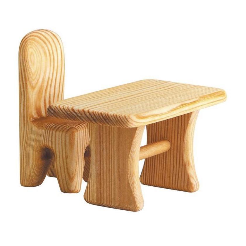 Wooden dollhouse table with one chair in natural wood for flexible miniature play setups