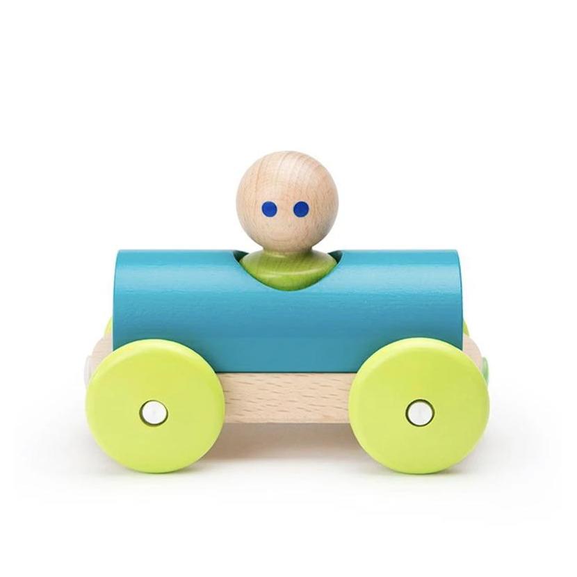 Teal and green magnetic push car side view