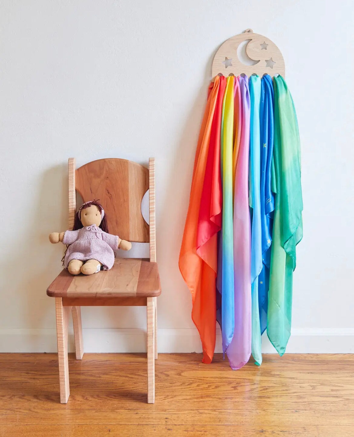 Sarah's Silks Wooden Playsilk Holder Moon and Stars doll in wooden chair