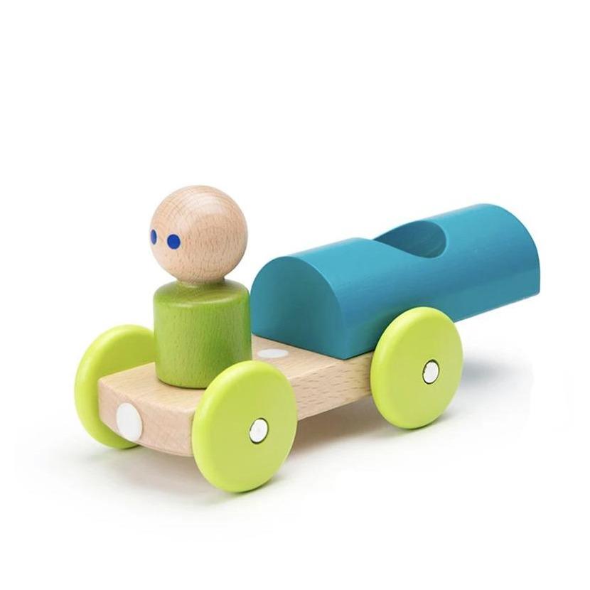 Teal and green magnetic wooden push car for toddlers in three pieces