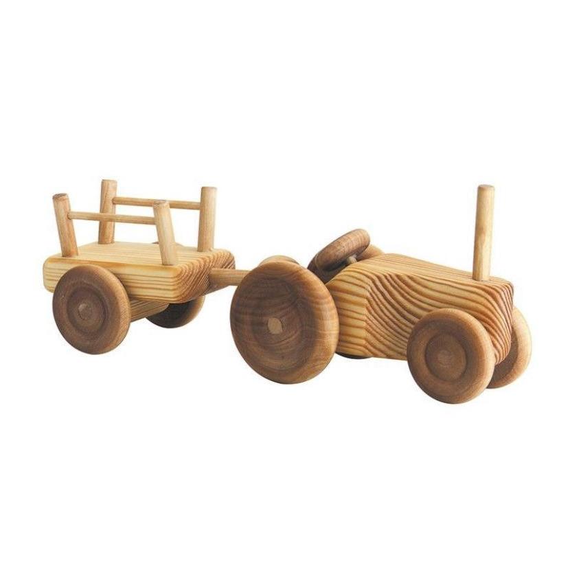 Wooden toy tractor with trailer in natural pine and beech wood for open-ended play