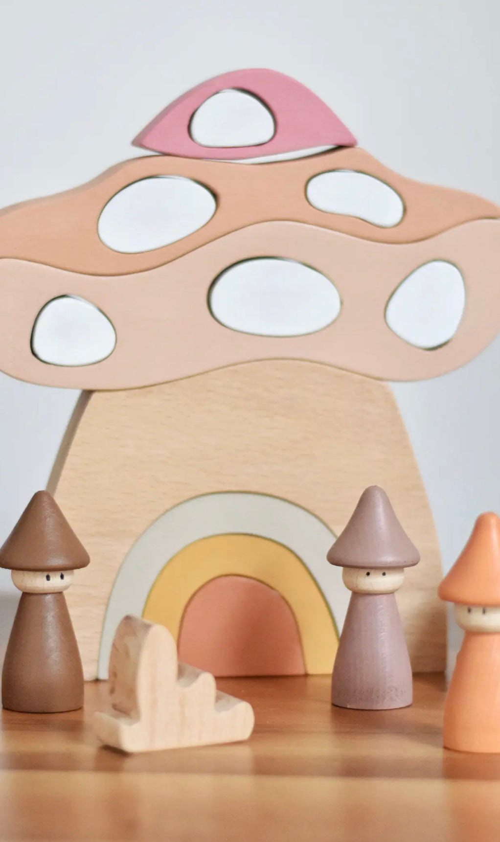 Wooden Waldorf rainbow arch mushroom toy for small world play with peg dolls